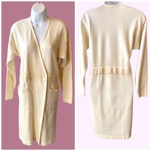 Knit Wrap Dress Vintage 80s Liz Claiborne Cream V Neck Pockets Medium